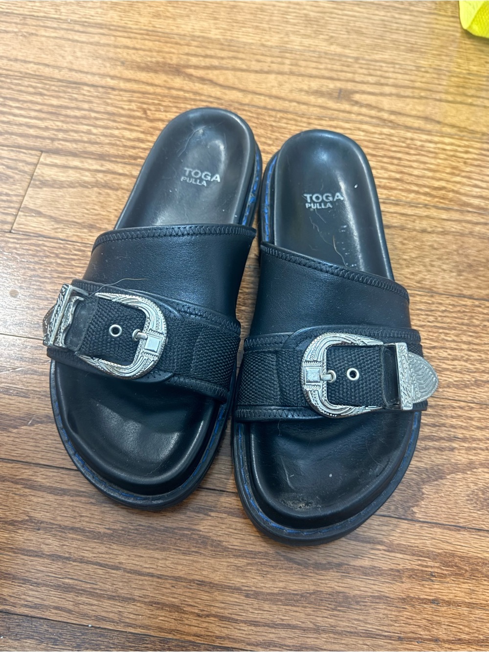 TOGA PULLA Western Buckle Leather Slides Black Silver Hardware EU 39 US 8.5-9
